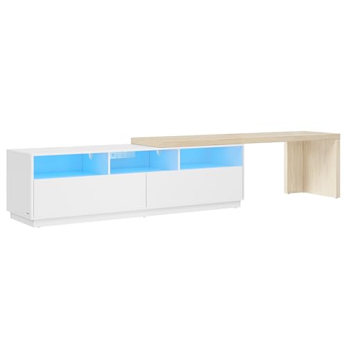 vasagle tv-lowboard l-form 162-270 cm mit 2 schubladen 3 fächern led beleuchtung wolkenweiß-naturbeige