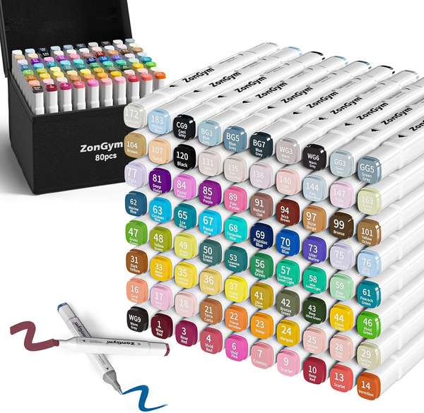 ZonGym 80 Alkohol Marker Set, Brush Tip, Chisel & Fine Stifte für Coloring Books, Manga, Zeichnen und Skizzieren