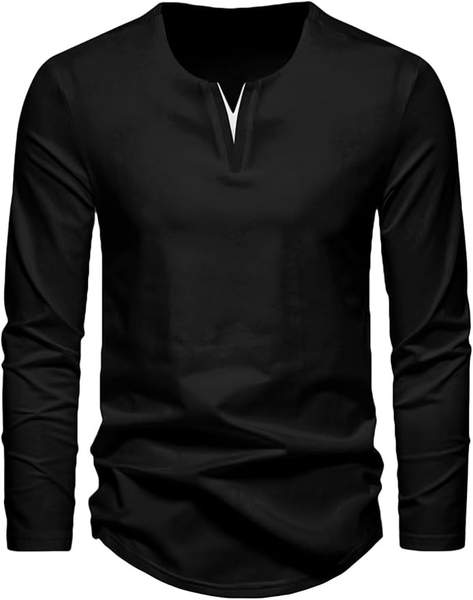 Herren Langarmshirt Baumwolle V-Ausschnitt Oberteil Longsleeve Schwarz L