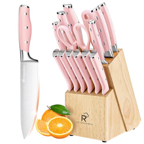 justup 15-tlg messerset rosa, küchenmesser set mit holzblock, edelstahl scharfe messer