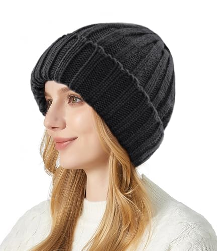 forvevo damen wintermütze, thermo beanie mit fleece futter, warme strickmütze schwarz