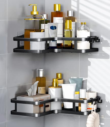 Bixury duschablage ohne bohren, 2er set duschregal schwarz mit haken, shampoo halterung
