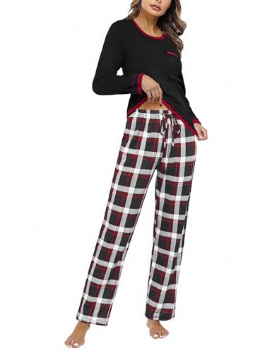 Produktbild: Marvmys damen schlafanzug lang winter baumwolle pyjama set schwarz mit tasche M