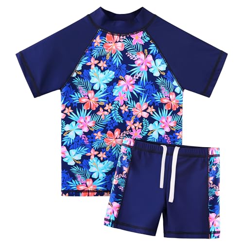 HUAANIUE mädchen badeanzug 2-teilig anti-uv upf 50+ 2-12 jahre marine blau blume