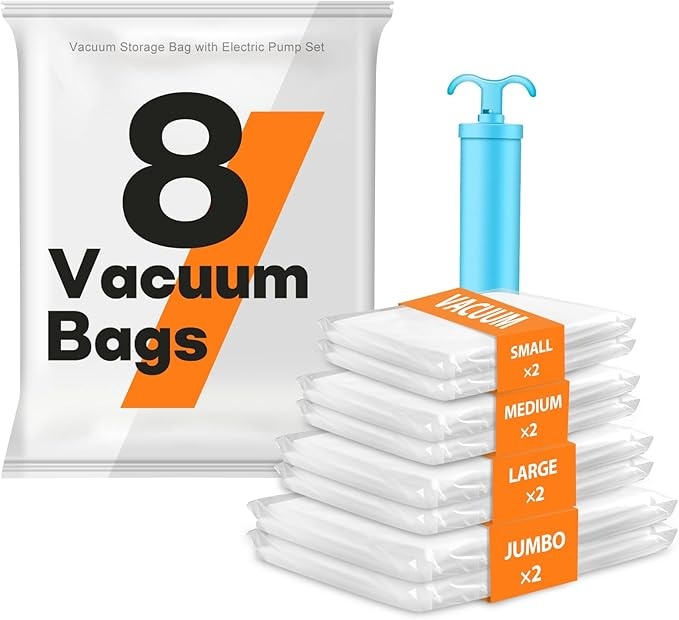 Vakuumbeutel Kleidung 8er Set (2S+2M+2L+2J) mit Handpumpe für Bettwaren