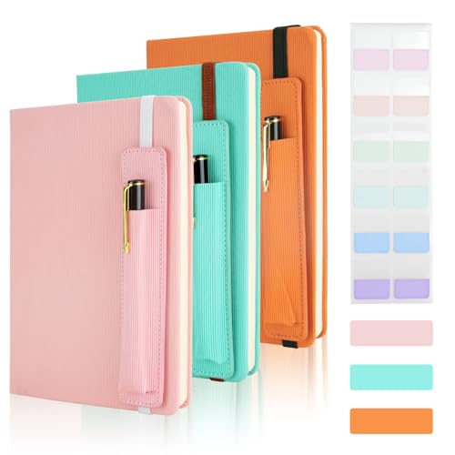 notizbuch a5 mit stift, 3 stk, leder-tagebuch, liniert hardcover, 200 seiten, pink, grün, orange