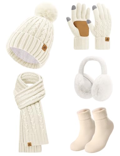 niwicee wintermütze set damen, fleece gefütterte mütze, strickmütze, touchscreen handschuhe, ohrenwärmer, socken