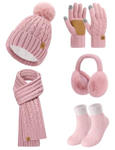 niwicee wintermütze schal set damen fleece beanie ohrenwärmer touchscreen handschuhe rosa