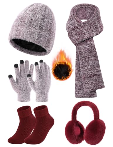 cmtop wintermütze damen set mit schal, beanie und handschuhen, weinrot, einheitsgröße