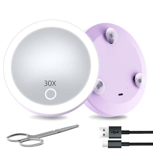 vergrößerungsspiegel mit licht 30x saugnapf kosmetikspiegel dimmbar wiederaufladbar 10cm lila