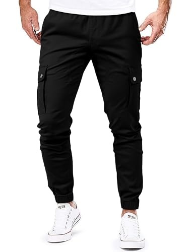 Meilicloth Herren Cargohose Tapered Stretch Baumwolle Schwarz 38, bequeme Sweatpant Stoffhose für Männer