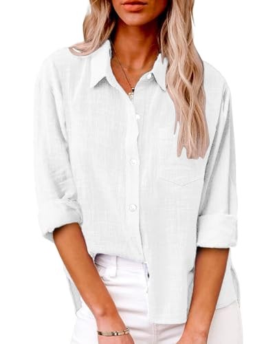 Damen Bluse Langarm V-Ausschnitt 100% Baumwolle Sommer Oberteil Weiß S