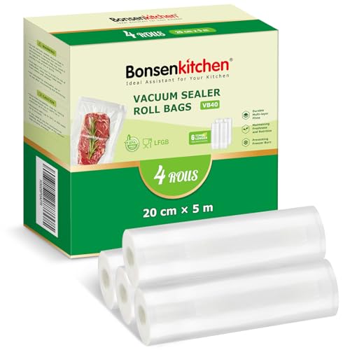 bonsenkitchen vakuumrollen 4 rollen 20 cm x 5 m vakuumfolie für vakuumierer, BPA-frei