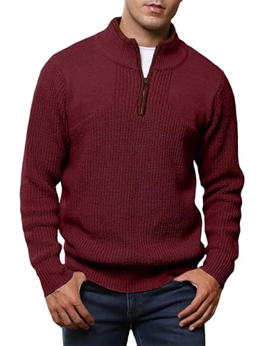 Produktbild: Pullover Herren Winter Half Zip Feinstrick Troyer Rollkragen Rot M