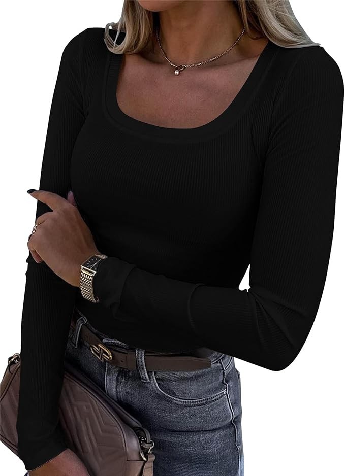 Langarmshirt Damen Elegant U-Ausschnitt Basic Longsleeve Herbst Casual Tops