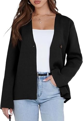 saodimallsu strickjacke damen v-ausschnitt cardigan langarm blazer schwarz m