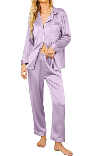 ekouaer satin damen schlafanzug mit knopfleiste, langarm, lila, xl, zweiteilig