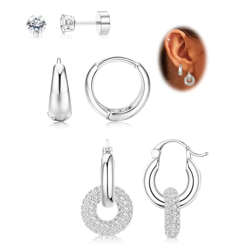 morfetto 3 paar ohrringe set damen, 14 karat vergoldet, gold silber stecker und creolen