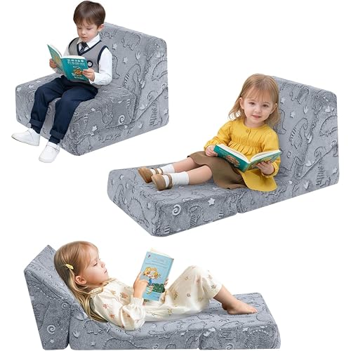 MeMoreCool Kindersofa Schlafsessel, ausziehbar, 3-in-1 Klappstuhl, grau Dinosaurier