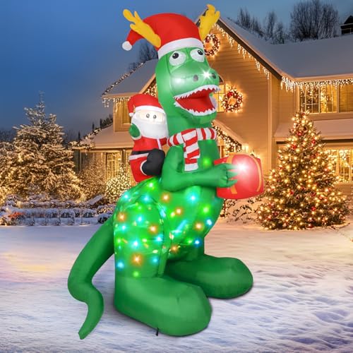 vintoney weihnachtsaufblasbarer dinosaurier und weihnachtsmann mit led lichtern 8ft