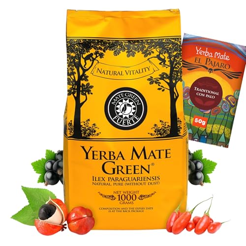 yerba mate el pajaro grün fuerte 1kg mit goji-beeren, minze, guarana, vegan, glutenfrei, laktosefrei