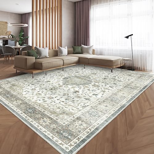 homfine vintage teppich waschbar kurzflor floral design beige grün 300 x 400 cm