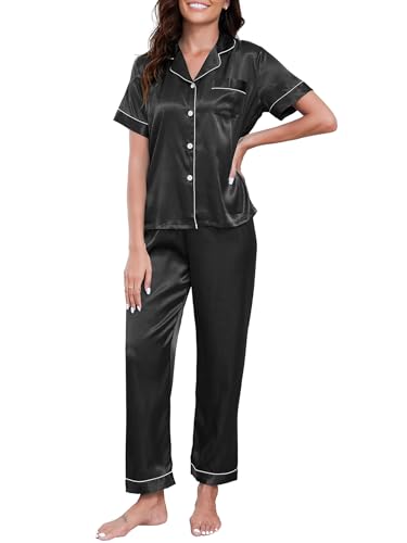 reliwel satin pyjama damen kurzarm schlafanzug mit knopfleiste und hose romantisch
