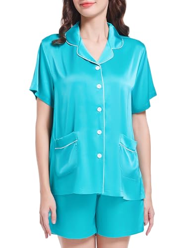 guunify satin pyjama damen kurzarm schlafanzug zweiteilig grün s