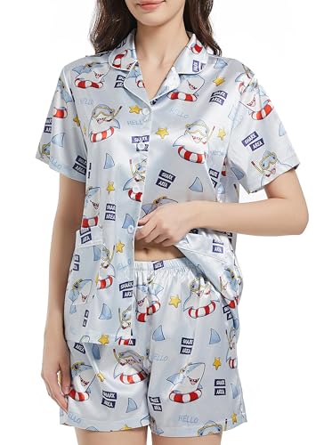 guunify satin pyjama damen kurzarm schlafanzug zweiteilig knöpfe haussuit L