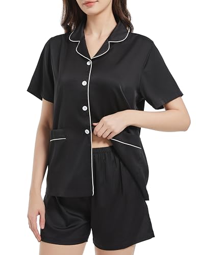 guunify satin pyjama damen kurzarm schlafanzug schwarz zweiteilig L