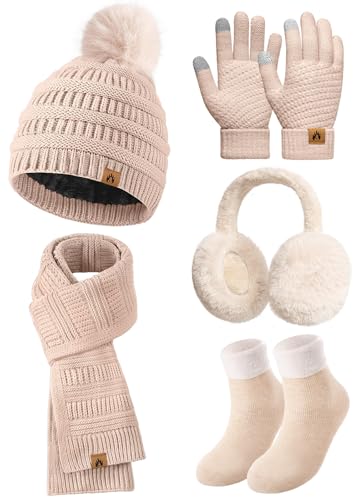 svanco mütze, schal, handschuhe sets für damen, winter bommelmütze, touchscreen handschuhe, strick socken