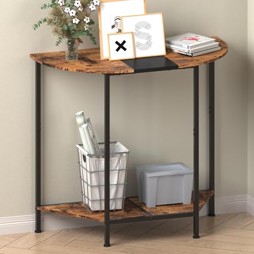 konsolentisch halbrund 83 cm beistelltisch schmal mit 2 ablagen holz vintagebraun-schwarz