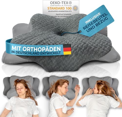 orthopädisches kissen glückstoff für alle schlaftypen, ergonomisches nackenstützkissen grau