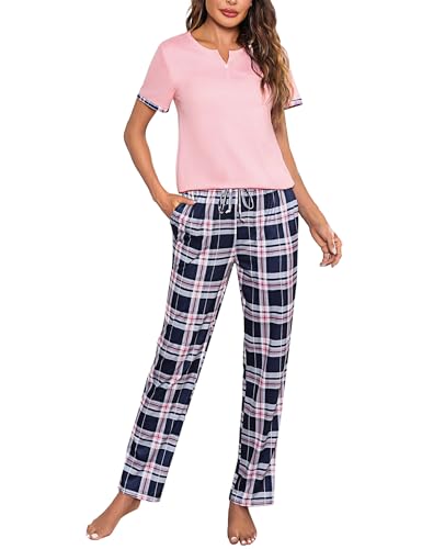 irdcomps damen schlafanzug pyjama set baumwolle kurzarm shirt lange hose kariert rosa m