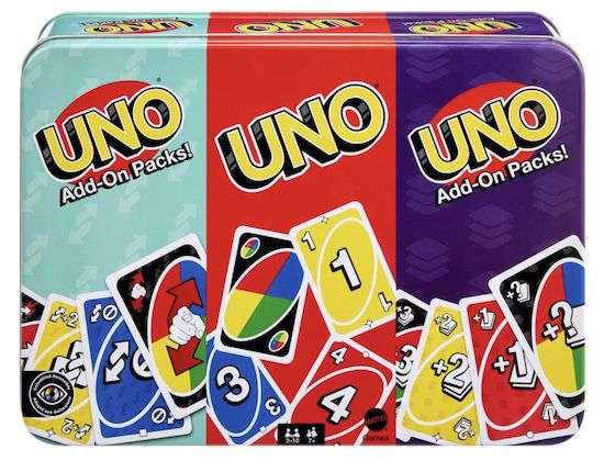 UNO Kartenspiel mit 2 Erweiterungssets und Metalldose für 9,99 Euro