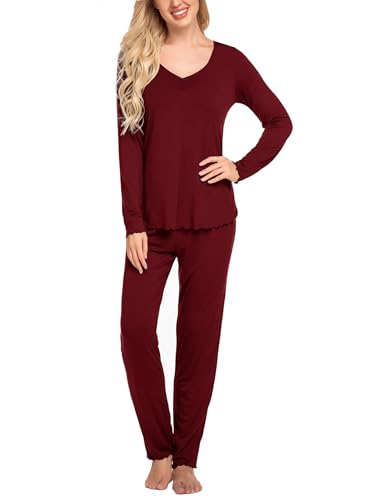 ekouaer schlafanzug damen pyjama langarm zweiteiler v-ausschnitt weinrot m
