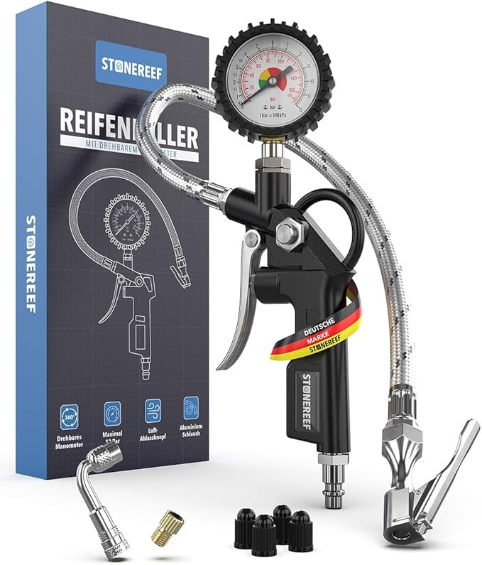 Reifenfüller mit Manometer für Auto, Fahrrad  inkl. Adapter & Ersatzkappen
