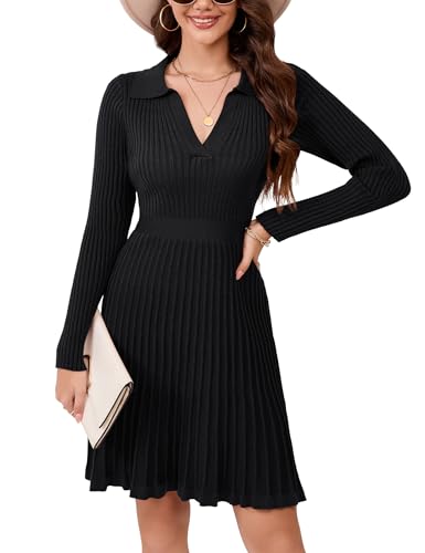 kojooin damen strickkleid langarm v-ausschnitt a-linie minikleid pulloverkleid schwarz l