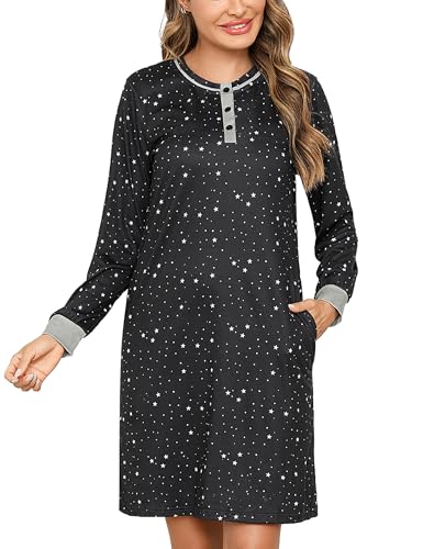 jahetuul nachthemd damen langarm sleepshirt nachtwäsche kleid knopf hauskleid