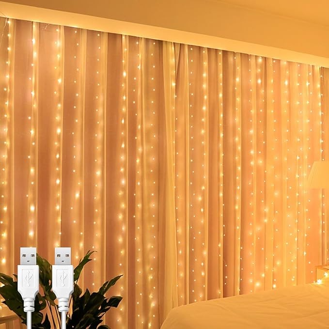 Lichtervorhang 2x2m, 200 LED Hängend Warmweiß für Fenster, Wand Deko, 2 Stück