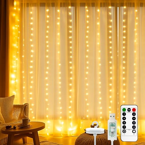 btfarm lichtervorhang 3x3m 300 led mit fernbedienung 8 modi usb wasserdicht warmweiß