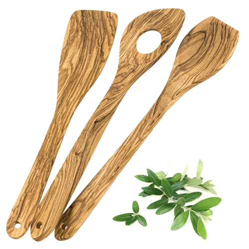 holzkochlöffel set 3er aus olivenholz mit loch und pfannenwender küchenhelfer handgefertigt