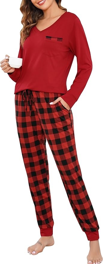 Vlazom Damen Lang Schlafanzug Set, V-Ausschnitt, Langarm, Winter Pyjama