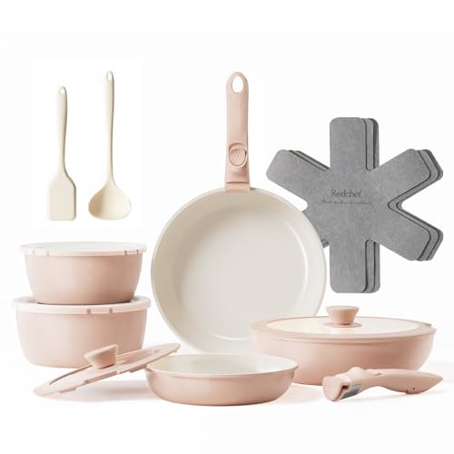 redchef 16-teiliges pfannenset, keramik beschichtete kochgeschirr, stapelbar, rosa