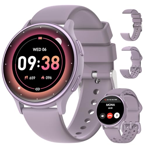 smartwatch damen AIMIUVEI mit telefonfunktion, 1,27" fitness tracker, 100+ sportmodi, puls, spo2, menstruationszyklus, schlafmonitor, lila