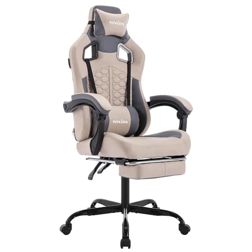 sukida gaming stuhl ergonomisch mit fußstütze und lendenstütze beige für homeoffice