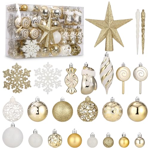 goldene weihnachtskugeln 130er set aus plastik für weihnachten, christbaumkugeln weiß