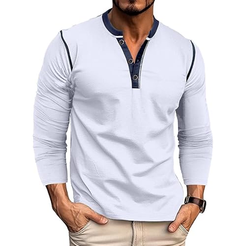 herren henley shirts langarmhemden baumwolle grandad t-shirt pullover weiß M