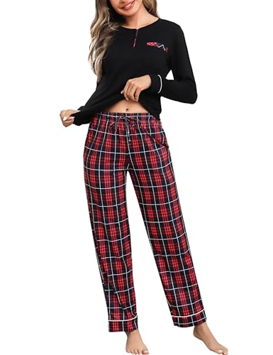 aseniza schlafanzug damen lang baumwolle winter karierte nachtwäsche pyjama set