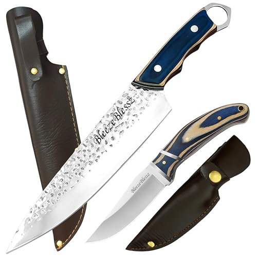 kochmesser set edelstahlgriff blau, hackmesser metzger küchenmesser mit holster